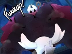 ambiguous_gender anthro arthropod belly big_breasts black_body black_eyes bodily_fluids breasts cape_lift clothed clothing doink_(artist) duo female genital_fluids genitals hi_res hollow_knight hornet_(hollow_knight) huge_breasts hyper hyper_breasts insects larger_female looking_at_viewer looking_down looking_down_at_viewer low-angle_view open_clothing plump_labia pussy size_difference slightly_chubby slightly_chubby_anthro slightly_chubby_female sweat team_cherry the_knight_(hollow_knight) thick_thighs under_boob vaginal_fluids worm's-eye_view