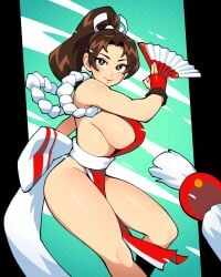 1girls breasts brown_eyes brown_hair fatal_fury female female_only hi_res king_of_fighters loincloth long_hair looking_at_viewer mai_shiranui ponytail qewie sideboob skimpy skimpy_clothes smiling smiling_at_viewer snk solo