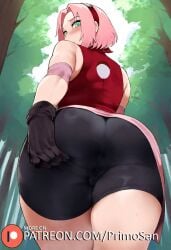 1girls ai_generated ass_focus ass_support bare_shoulders female female_only forest from_below gloves green_eyes headband human large_ass looking_back medium_breasts naruto naruto_(series) naruto_shippuden pink_hair pink_skirt primosan pussy_juice pussy_juice_drip_through_clothes red_topwear sakura_haruno short_hair solo spread_ass standing wet_pussy