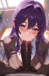 ai_generated artist_request blowjob dark-skinned_male dark_skin doki_doki_literature_club eye_contact fellatio heart heart_symbol interracial looking_at_viewer pov_eye_contact