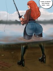 1girls big_ass big_breasts dat_ass female fishing fishing_rod iron_doomer red_eyes thick_ass thick_thighs