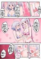 blue_eyes breast_grab breast_sucking breasts_out french_kiss horny incest kissing large_breasts licking_nipples lin_(artist) lingerie nipple_play open_mouth red_eyes saliva saliva_trail sisters sucking_nipples tongue turned_on twins white_hair yuri