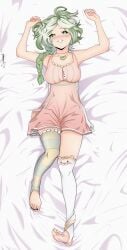 1girls animal_ears arms_up bed black_nails blush braid breasts clothed clothing dakimakura dress feet female_only ferret ferret_girl front_view green_eyes green_highlights indie_virtual_youtuber laimu laying_down lime looking_at_viewer mismatched_legwear necklace socks solo suggestive tail thighs virtual_youtuber vtuber white_background white_hair