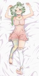 1girls animal_ears arms_up bed black_nails blush braid breasts clothed clothing dakimakura dress feet female_only ferret ferret_girl front_view green_eyes green_highlights indie_virtual_youtuber laimu laying_down lime looking_at_viewer mismatched_legwear necklace painted_toenails smile socks solo suggestive tail thighs virtual_youtuber vtuber white_background white_hair