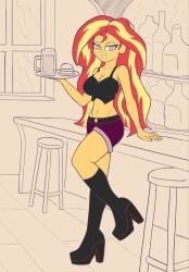 1girls 2023 alcohol belly black_boots black_clothing black_topwear boots cleavage crop_top equestria_girls female female_only food friendship_is_magic hamburger high_heel_boots long_hair midriff my_little_pony navel peelana red_and_yellow_hair shorts solo solo_female sunset_shimmer twitter twitter_link two_tone_hair waitress yellow_body