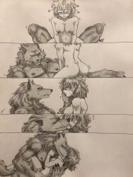1girl1boy 5koma ass blaidd_(elden_ring) breasts carrying_partner couple elden_ring feral feral_penetrating furry greyscale human interspecies licking midriff naughtysena navel nude position_change riding_penis straight tarnished traditional_media_(artwork) werewolf wholesome