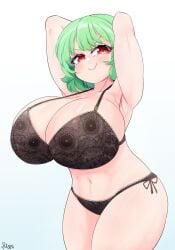 1girls alternate_version_available big_breasts black_bra black_panties bra breasts cleavage green_hair light-skinned_female mature_female panties red_eyes solo solo_female thick_thighs thighs touhou watermark yuka_kazami yukanarion yuuka_kazami