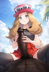 1boy1girl ai_generated background big_penis blonde_female blonde_hair blonde_hair_female blue_eyes dark-skinned_male dark_skin erect_penis female female_focus hand_on_penis hands_on_penis hat holding_penis huge_cock interracial large_penis laying_on_back light-skinned_female light_brown_hair light_skin long_hair long_penis male_pubic_hair outdoors penis pokemon pov pov_eye_contact pov_male pubes pubic_hair raered serena_(pokemon) sitting_on_another sitting_on_person skirt sky thigh_highs thighhighs