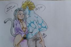 1boy 1girls art_trade blonde_hair blue_skin borrowed_character breasts cleavage couple dark-skinned_female dialogue dragon_ball dragon_ball_z female interspecies male muscular_male naughtysena oc oc_x_canon original_character saiyan salza straight tail traditional_media_(artwork) white_hair