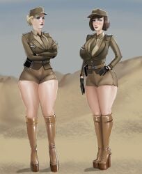 2girls army army_girl belt big_breasts blonde_hair blue_eyes female_only high_heel_boots high_heels iron_doomer light-skinned_female light_skin military military_uniform multiple_girls platform_heels shorts thick_thighs thights uniform