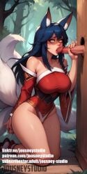 1boy ahri ahri_(league_of_legends) ai-created ai_generated animal_ear_fluff animal_ears animal_tail artist_name bangs bare_shoulders black_hair blush breasts clothed_female_nude_male clothing day detached_sleeves english_text facial_mark fellatio female fingernails forest fox_ears fox_girl fox_tail groin hair_between_eyes jousneystudio kneeling korean_clothes large_breasts league_of_legends lips long_hair long_sleeves looking_at_viewer male multiple_tails nature nude oral outdoors penis socks solo_focus straight tail text thick_thighs thighs tree uncensored whisker_markings wide_sleeves wolf_ears yellow_eyes