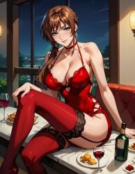 ai_generated bible_black bible_black_new_testament breasts brown_hair choker cleavage garter_straps green_eyes imari_kurumi lingerie pale-skinned_female pale_skin red_lingerie slim stockings