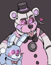 2023 animatronic animatronics bear blue_body blue_eyes bowtie bunny eyes_half_open five_nights_at_freddy's five_nights_at_freddy's:_sister_location fnaf funtime_freddy funtime_freddy_(fnafsl) glowing_eyes half-closed_eyes hat heart heart-shaped_pupils looking_at_viewer male male_only pink_body pink_eyes puppet_bonnie_(fnafsl) rabbit robot scottgames sharp_teeth simple_background simple_coloring smirk smirking smirking_at_viewer spaceandroids tongue tongue_out white_body