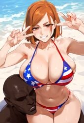 1boy 1girls ai_generated american_flag_bikini beach big_breasts bikini breasts carrying cheating dark-skinned_male female happy human jujutsu_kaisen kugisaki_nobara light-skinned_female looking_at_viewer male mommy netorare on_shoulders peace_sign tagme thick_thighs