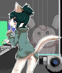 anthro ass blush bottomless breasts censor_removal_edit censored_version_at_source cheek_tuft clothed clothing dj_set domestic_cat facial_tuft felid feline felis female flat_chested fur genitals green_clothing green_hair green_hoodie green_topwear grey_eyes hair hoodie looking_at_viewer looking_back mammal minnnanihanaisixyo paperman pocky_in_mouth pussy small_breasts solo tail text theresa_(paperman) third-party_edit topwear tuft white_body white_fur