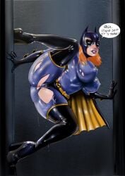 1girls batgirl big_ass big_breasts bodysuit dc dc_comics dialogue female high_heels iron_doomer thick_ass thick_thighs thong torn_bodysuit torn_clothes torn_clothing torn_suit