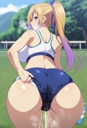 ai_generated ass ass_focus bare_legs big_ass big_breasts big_butt blonde_hair dat_ass fat_ass golden_shower gym_clothes gym_uniform hair_ribbon huge_breasts huge_thighs in_search_of_holy_water kawakami_mai light-skinned_female light_skin looking_back massive_breasts multicolored_hair musaigen_no_phantom_world peeing purple_eyes side_ponytail smiling squatting sweat sweatdrop thick_thighs thighs urinating urinating_female urination urine voluptuous voluptuous_female