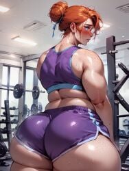 ai_generated ass_cleavage ass_focus big_ass big_belly big_butt big_thighs blue_eyes blush blush chubby embarrassed fat fat_ass femboy freckles freckles_on_ass freckles_on_face ginger ginger_hair gym gym_clothes gym_shorts hair_bun huge_ass huge_butt huge_thighs looking_at_viewer looking_back presenting presenting_hindquarters rcally red_hair sports_bra sweat sweating thick trap