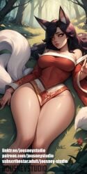 ahri ahri_(league_of_legends) ai-created ai_generated animal_ear_fluff animal_ears animal_tail artist_name bangs bare_legs bare_shoulders black_hair breasts cleavage closed_mouth clothing day detached_sleeves dress facial_mark female female_only fingernails flower forest fox_ears fox_girl fox_tail grass jousneystudio large_breasts league_of_legends legs_together lips long_hair long_sleeves looking_at_viewer lying multiple_tails nature nose on_back on_ground original outdoors parted_lips patreon_username red_dress red_flower signature sitting slit_pupils solo strapless tail text thick_thighs thighs tree watermark web_address whisker_markings wide_sleeves yellow_eyes