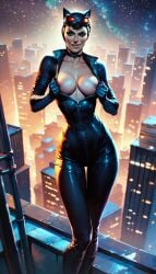 ai_generated busty catwoman catwoman_(dcau) dc_comics flashing_breasts heroine latex_suit undressing villain