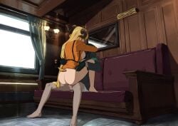 1boy animal_ears arknights ass barefoot blonde_hair bottomless breasts breasts_out censored commentary couch cowgirl_position degenbrecher_(arknights) doctor_(arknights) english_commentary female goat_ears goat_girl goat_horns highres hood hood_up hooded_jacket horns indoors jacket large_breasts long_hair long_sleeves mirror mosaic_censoring nashidrop nipples orange_shirt paid_reward_available penis sex shirt sitting squatting straddling straight vaginal_penetration variant_set window