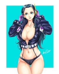 1girls bare_legs bare_thighs big_breasts black_hair blue_eyes clothed clothing color female female_focus female_only gloves hi_res large_breasts light-skinned_female light_skin long_hair looking_at_viewer nickesdraw nico_robin one_piece one_piece:_egghead_arc panties post-timeskip pussy_visible_through_clothes shounen_jump solo solo_female tagme thick_thighs