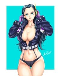 1girls bare_legs bare_thighs big_breasts black_hair blue_eyes clothed clothing color female female_focus female_only gloves hi_res large_breasts light-skinned_female light_skin long_hair looking_at_viewer nickesdraw nico_robin nico_robin_(egghead) one_piece one_piece:_egghead_arc panties post-timeskip pussy_visible_through_clothes shounen_jump solo solo_female tagme thick_thighs