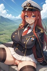ai_generated black_gloves black_thighhighs blush breasts female gloves grin hat juswa large_breasts long_hair looking_at_viewer military military_uniform necktie outdoors pleated_skirt purple_eyes pussy red_hair red_necktie sitting skirt sky smile solo thighhighs thighs uncensored uniform white_skirt