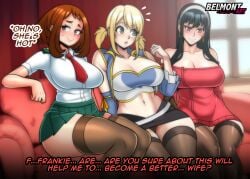 3girls bare_arms bare_shoulders belmont big_breasts black_hair blonde_hair blush brown_eyes brown_hair clothed clothing color crossover english_text fairy_tail female female_focus female_only hi_res large_breasts light-skinned_female light_skin long_hair looking_at_viewer lucy_heartfilia my_hero_academia ochako_uraraka red_eyes short_hair solo_female spy_x_family stockings tagme text text_bubble thick_thighs yor_briar yor_forger