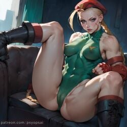 1girls abs ai_generated artist_name artist_psyopsai blonde blonde_hair boots breasts cameltoe cammy_white clothed clothing colored curvy digital_media_(artwork) female female_focus female_only fit_female front_view hat legs_apart muscles muscular muscular_thighs scar solo solo_focus spread_legs street_fighter watermark