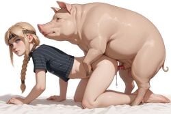 ai_generated all_fours animal_penis astrid_hofferson blonde_hair braided_hair cum cum_in_pussy cum_inside cum_overflow cum_overflowing female feral how_to_train_your_dragon human human_on_feral mounting pig pig_penis pig_snout sex zoophilia