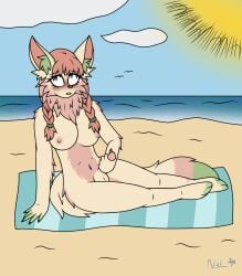 anthro beach beach_towel blush day domestic_cat felid feline felis female fur green_body green_eyes green_fur herm hi_res intersex lying mammal masturbation n3l nude on_side public public_exposure red_body red_fur riley_(timestay) solo solo_focus tan_body tan_fur towel trans_(lore) trans_woman_(lore) twintails