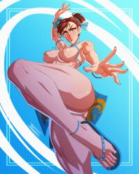 1girls 2023 absurd_res areolae blush breasts brown_hair capcom chun-li female female_only fighting_stance fitiddies hair_buns looking_at_viewer mostly_nude nipples pose sandals solo street_fighter twin_buns