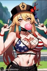 1girls 4th_of_july ai_generated american_flag american_flag_bikini american_flag_legwear big_breasts bikini bikini_top bubble_blowing bubble_gum chewing_gum cowgirl_position female genshin_impact gum gyaru hu_tao_(genshin_impact) miss_io tattoo tattoo_on_arm