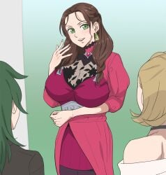 3girls :d arm_under_breasts breasts brown_hair byleth_(fire_emblem) byleth_(fire_emblem)_(female) cleavage dorothea_arnault dress earrings female female_only fire_emblem fire_emblem:_three_houses green_eyes green_hair ichihisa large_breasts long_hair looking_at_viewer manuela_casagranda medium_hair nintendo open_mouth short_hair smile solo_focus