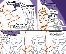 canine clothing comic dialogue disney english_text erection fox judy_hopps lagomorph mammal nick_wilde penis text the_weaver underwear zootopia