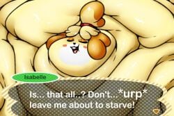 animal_crossing chubby_cheeks closed_eyes fat fat_face fat_female fat_folds filling_up_screen immobile isabelle_(animal_crossing) morbidly_obese morbidly_obese_female nintendo obese plumpknight red_hairband solo solo_female starving sweat text_box white_text