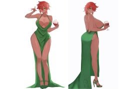 1girls alcohol ass backless_dress backless_outfit breasts bubble_butt character_sheet cleavage collarbone cup curvy dark-skinned_female dark_skin dat_ass dress drinking_glass evening_gown feet green_dress green_eyes hainomajoeraina hair_between_eyes hair_over_one_eye high_heels holding holding_cup huge_ass huge_breasts looking_at_viewer lyra(itsnafulol) red_hair shiny_clothes sideboob smile thick_thighs thighs tomboy white_background wide_hips wine wine_glass