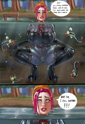 1girls big_breasts bodysuit comic comic_page female ginger_(iron_doomer) iron_doomer latex latex_bodysuit latex_boots latex_clothing latex_gloves latex_legwear latex_stockings latex_suit latex_thighhighs pokemon red_hair team_rocket team_rocket_(cosplay) thick_ass thick_thighs