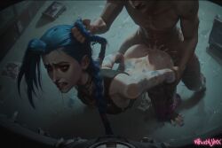 1boy ai_generated arcane arcane_jinx athletic_female bending_over blue_hair cum_in_pussy cumshot doggy_style drooling dynamic_pose female forced from_behind gen: hair_grab helpless human jinx_(league_of_legends) league_of_legends light-skinned_male partially_clothed purple_eyes rape standing_sex twin_braids whatajinx