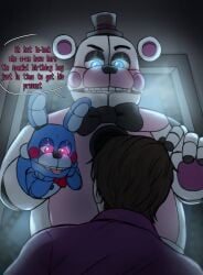 2023 animatronic animatronics bear blue_body blue_eyes brown_hair bunny color colored english_text eyes_half_open five_nights_at_freddy's five_nights_at_freddy's:_sister_location fnaf fog foggy_background funtime_freddy funtime_freddy_(fnafsl) gay glowing_eyes half-closed_eyes heart-shaped_pupils human male male_only michael_afton pink_eyes puppet_bonnie_(fnafsl) purple_shirt rabbit robot scottgames short_hair spaceandroids sweat sweatdrop text tongue_out white_body