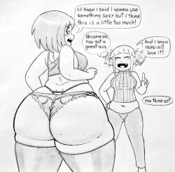 big_ass black_and_white drawing fat_ass himiko_toga huge_ass looking_back my_hero_academia ochako_uraraka ronic_lagann sexy_outfit text_bubble thick_thighs wide_hips