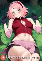 1girls ai_generated alternate_breast_size bare_shoulders cleavage crossed_legs female female_only forest gloves green_eyes headband lying lying_on_back medium_breasts naruto naruto_(series) naruto_shippuden navel pink_hair pink_skirt primosan red_topwear sakura_haruno short_hair solo wet_pussy