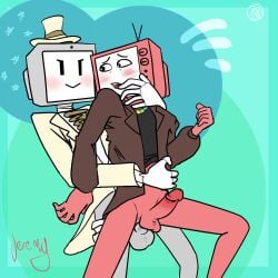 2018 2boys anal blush bottomless formal_wear gay gay_sex grabbing_waist looking_at_partner looking_pleasured object_head oc original_character red_body robot robot_boy screen_face simple_background suit tagme_(artist) tagme_(character) tv_head twink unknown_artist white_body