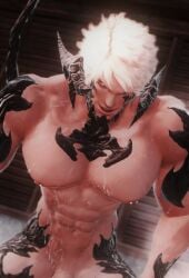 1boy 3d abs au_ra bara big_pecs cocky dominant dominant_male domination evil_grin final_fantasy final_fantasy_xiv horn looking_at_viewer looking_down looking_down_at_viewer low-angle_view male male_only menacing muscular muscular_arms muscular_chest naughty_face nipple_piercing nipples nude pecs penis_peek pov pov_eye_contact rape_face sadistic_smile scales scalie smile smiling_at_viewer smirk smirking_at_viewer smug solo solo_male standing standing_over_viewer steam tail thexaelavampire wet white_hair