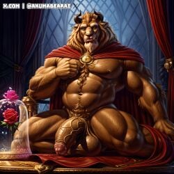 2024 abs ai_generated akumabearai anthro balls beast_(disney) beauty_and_the_beast bed bedroom big_balls blue_eyes body_hair brown_body brown_fur cape castle chest_hair clothing crotch_tuft curtains disney fur furry furry_male furry_only genitals gold_(metal) gold_buckle highres horns literature looking_at_viewer male male_only mammal monster muscles muscular muscular_anthro muscular_male navel night nipples penis plant public_domain red_cape red_curtains rose rose_(flower) seductive seductive_eyes seductive_look seductive_pose self_upload semi-erect solo stable_diffusion teeth twitter_username veiny_penis