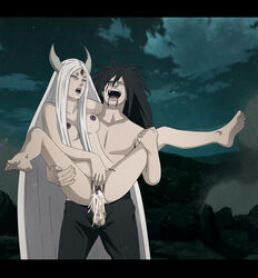 1boy 3_eyes balls barefoot black_hair breasts carrying cum cum_in_pussy cum_inside duo facial_mark feet female forehead_eye forehead_mark horns human long_fingernails long_hair male multi_eye naruto nipples nude otsutsuki_kaguya outdoors penis pussy sex soles standing straight toes uchiha_madara vaginal_penetration very_long_hair white_hair