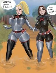 2girls big_breasts bodysuit comic comic_page iron_doomer latex latex_armwear latex_bodysuit latex_boots latex_clothing latex_gloves latex_legwear latex_suit latex_thighhighs pokemon quicksand team_rocket team_rocket_(cosplay) team_rocket_uniform thick_ass thick_thighs