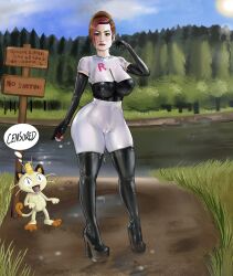 1girls big_breasts bodysuit comic comic_page female ginger_(iron_doomer) iron_doomer latex latex_bodysuit latex_boots latex_clothing latex_gloves latex_legwear latex_stockings latex_suit latex_thighhighs pokemon red_hair team_rocket team_rocket_(cosplay) thick_ass thick_thighs