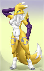 2016 absurd_res anthro armwear black_sclera blue_eyes breasts canine digimon facial_markings female fox fur furry furry_only hi_res looking_at_viewer mammal markings mostly_nude naked nipples nude pussy renamon simple_background solo tail voider_(artist) white_fur yellow_fur